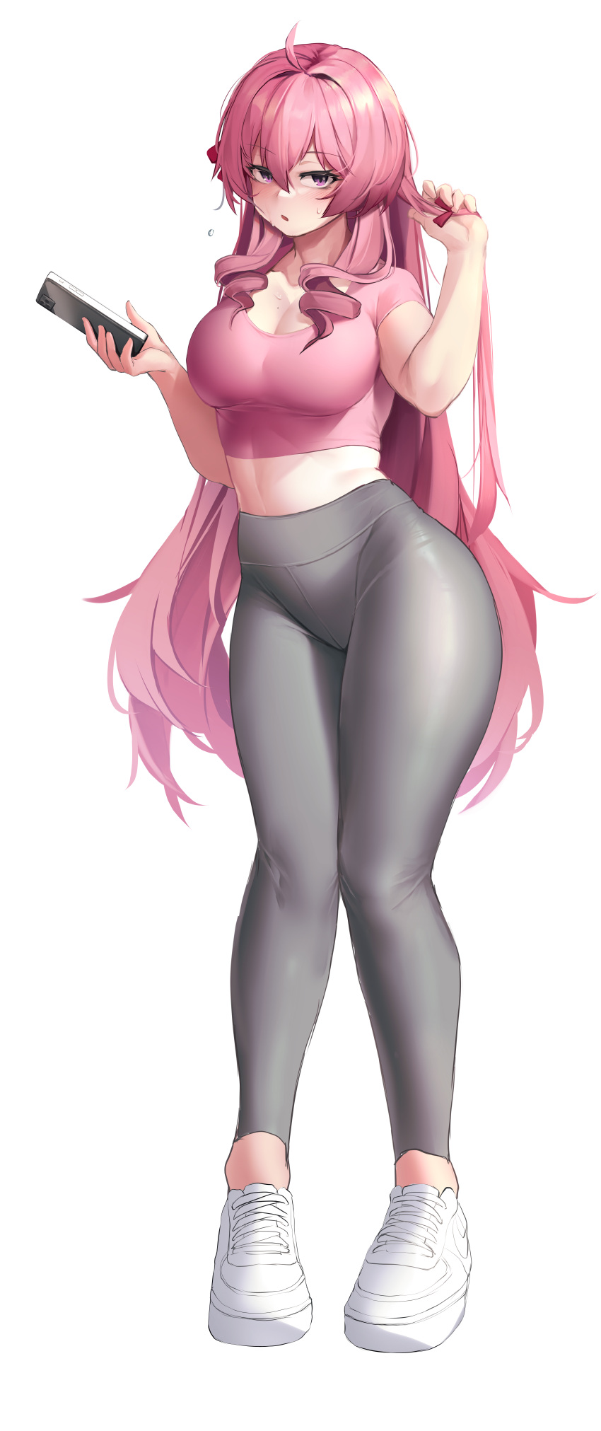 1girl absurdres ahoge bangs breasts cellphone cleavage commentary commission crop_top drill_locks full_body grey_pants hair_between_eyes hair_intakes hand_up highres holding holding_phone incredibly_absurdres ka941 large_breasts leggings long_hair looking_at_viewer midriff original pants parted_lips phone pink_hair pink_shirt purple_eyes second-party_source shirt shoes short_sleeves simple_background smartphone sneakers solo standing thighs very_long_hair white_background white_footwear