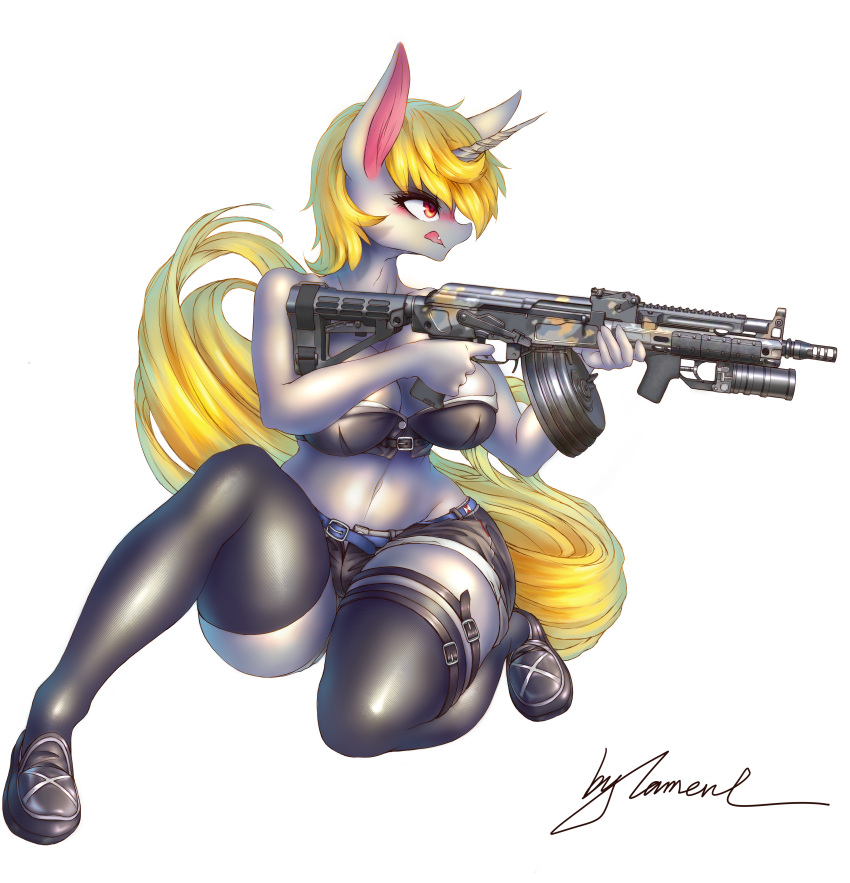 absurd_res automatic_weapon belt big_breasts blonde_hair bottomwear breasts clothed clothing digital_media_(artwork) equid equine fan_character female footwear fur grenade_launcher grey_body grey_fur hair hasbro hi_res horn lament legwear looking_away mammal midriff my_little_pony plantigrade ranged_weapon red_eyes shoes shorts signature simple_background solo thigh_highs topwear weapon white_background winged_unicorn wings
