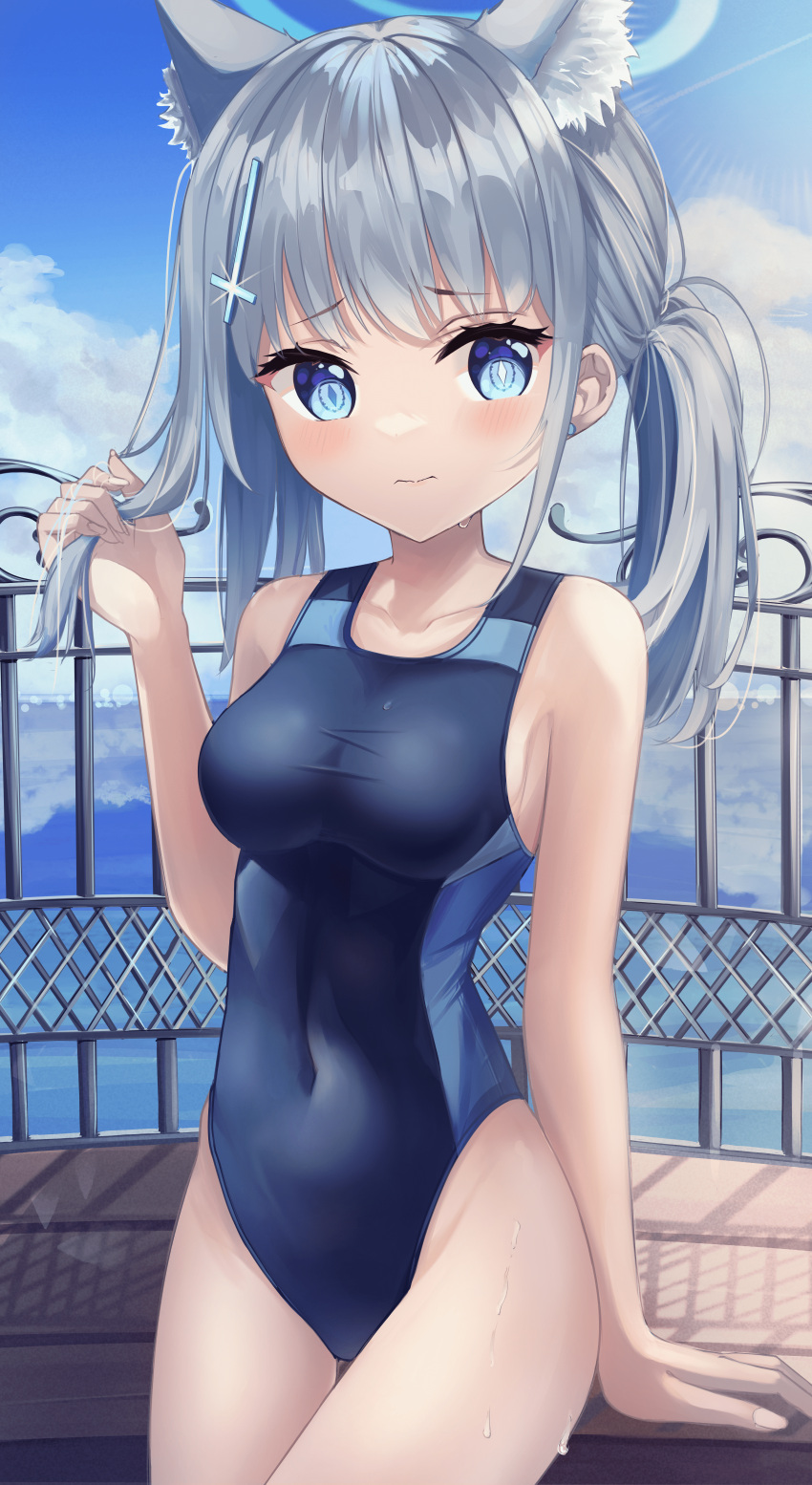 1girl absurdres animal_ear_fluff animal_ears bangs black_swimsuit blue_archive blue_eyes blue_sky breasts cloud competition_swimsuit covered_navel cowboy_shot cross_hair_ornament extra_ears grey_hair hair_ornament halo hasami_(hasami_03) highres holding holding_hair looking_at_viewer low_ponytail medium_breasts medium_hair mismatched_pupils multicolored_clothes multicolored_swimsuit one-piece_swimsuit railing shiroko_(blue_archive) shiroko_(swimsuit)_(blue_archive) sky solo swimsuit