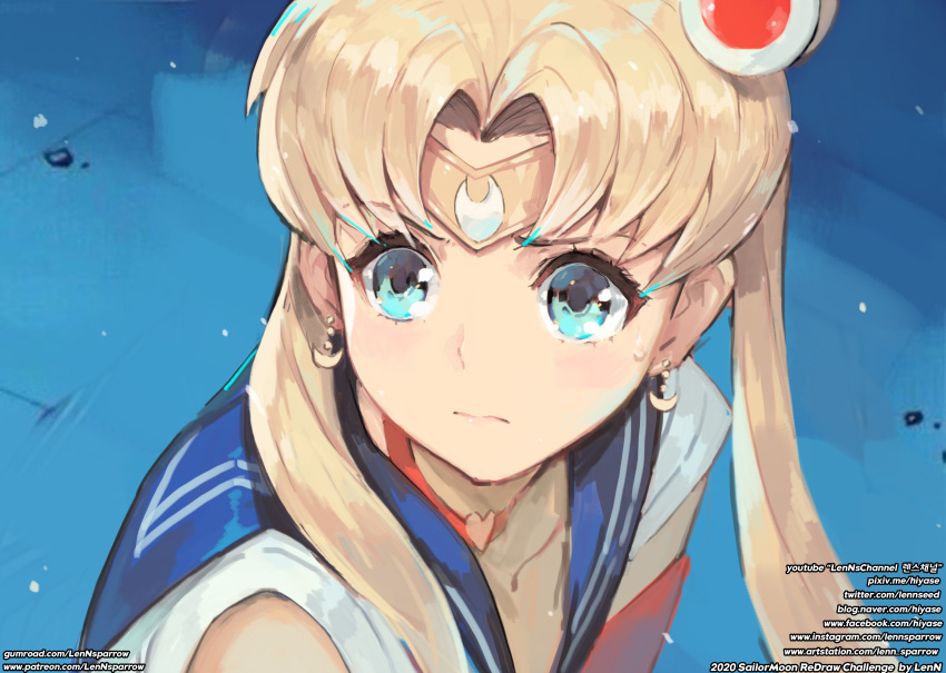 1girl :o absurdres artist_name bishoujo_senshi_sailor_moon blonde_hair blue_eyes blue_sailor_collar blush choker circlet closed_mouth commentary_request crescent crescent_earrings derivative_work earrings heart heart_choker highres jewelry lenn_sparrow long_hair magical_girl meme red_choker sailor_collar sailor_moon sailor_moon_redraw_challenge_(meme) sailor_senshi_uniform school_uniform screencap_redraw serafuku short_sleeves solo surprised sweatdrop tsukino_usagi twintails upper_body