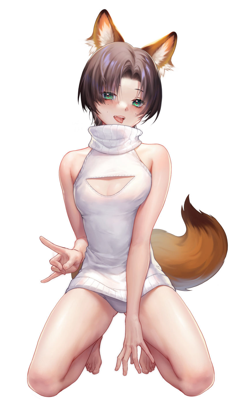 1girl absurdres animal_ears bangs bare_arms bare_shoulders barefoot blush breasts brown_hair cleavage_cutout clothing_cutout fang fox_ears fox_girl fox_tail green_eyes hair_intakes heart heart_in_eye highres kneeling legs_apart m-chan mole mole_under_eye naughty_face no_pants open_mouth original panties parted_bangs simple_background sleeveless sleeveless_sweater sleeveless_turtleneck small_breasts solo sweater symbol_in_eye tail tongue tongue_out turtleneck turtleneck_sweater underwear white_panties white_sweater