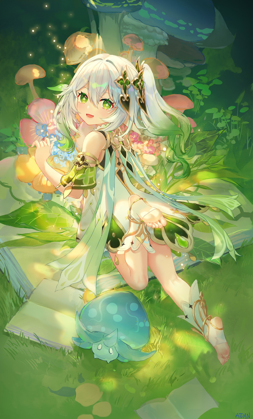 +_+ 1girl :d absurdres atdan bangs bare_shoulders book dress elf feet feet_up from_behind full_body fungi_(genshin_impact) genshin_impact gradient_hair grass green_eyes green_hair hair_between_eyes hair_ornament highres long_hair looking_at_viewer looking_back multicolored_hair mushroom nahida_(genshin_impact) no_shoes open_book pointy_ears revision short_sleeves side_ponytail smile socks solo stirrup_legwear toeless_legwear white_dress white_hair white_socks