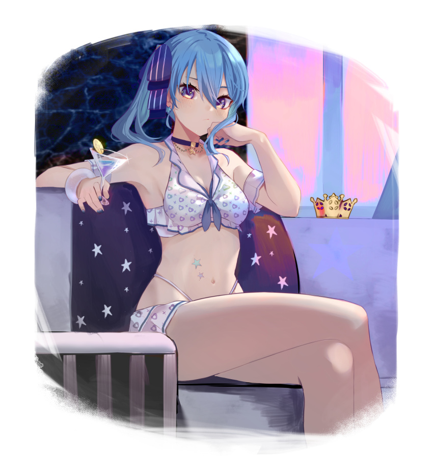 1girl bangs bikini blue_choker blue_eyes blue_hair blue_nails blue_ribbon breasts choker closed_mouth crossed_legs crown crown_removed cup detached_sleeves drinking_glass earrings feet_out_of_frame hair_between_eyes hair_ribbon highres holding holding_cup hololive hoshimachi_suisei jewelry long_hair looking_at_viewer medium_breasts nail_polish navel print_bikini ribbon saco_(cgmore) side_ponytail sitting solo star_(symbol) star_earrings star_tattoo stomach swimsuit tattoo virtual_youtuber white_bikini