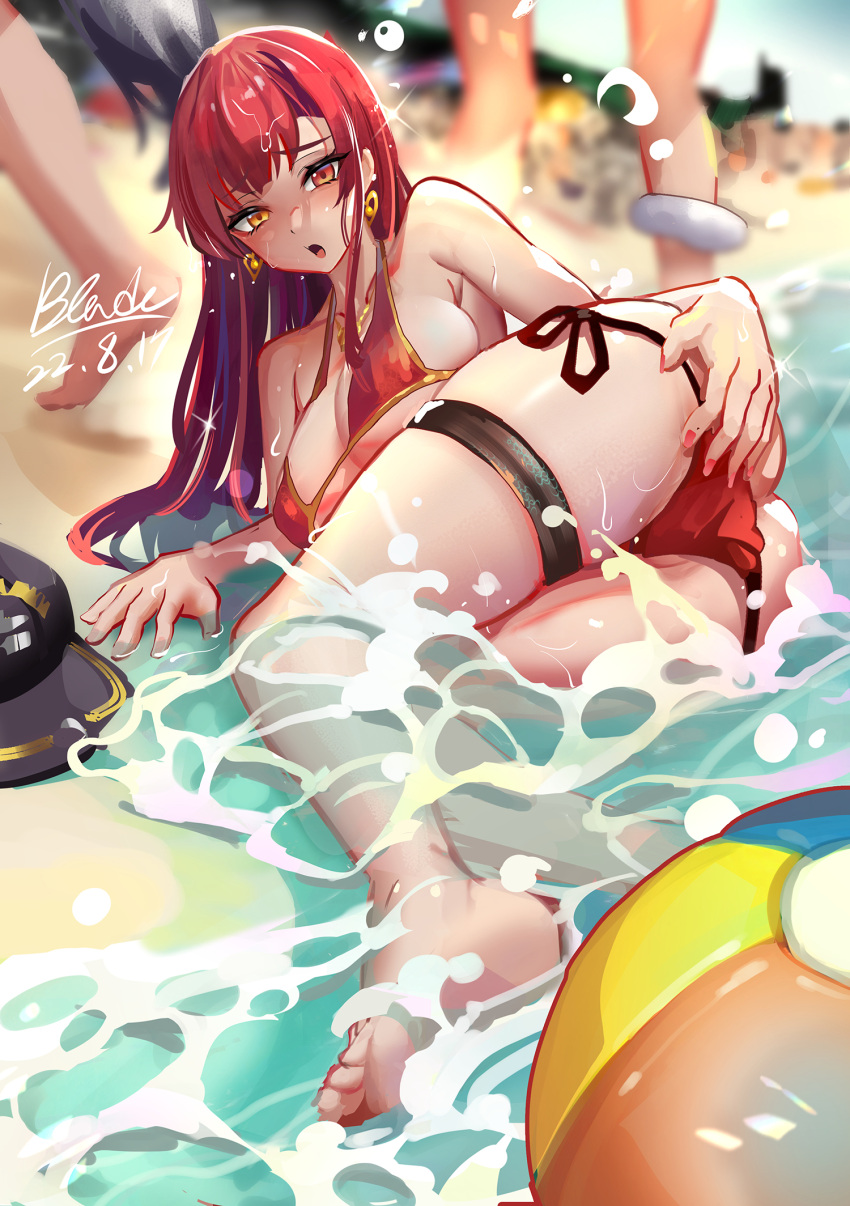 1girl ass ball bangs bare_shoulders baseball_cap beach beachball bikini black_headwear blush breasts cleavage collarbone earrings gold_trim hat hat_removed headwear_removed heart heart_earrings heterochromia highres hololive houshou_marine jewelry large_breasts legs long_hair looking_at_viewer lying on_side open_mouth qblade red_bikini red_eyes red_hair shore smile solo_focus swimsuit thigh_strap virtual_youtuber wet yellow_eyes