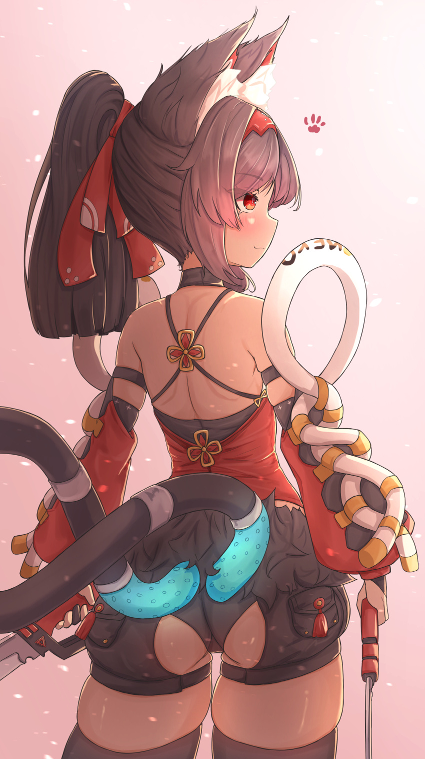 1girl absurdres animal_ear_fluff animal_ears ass_cutout bangs bare_shoulders blush cat_ears cat_girl closed_mouth clothing_cutout from_behind fur-trimmed_shorts fur_trim gradient gradient_background hairband highres holding holding_weapon kyaong looking_away multiple_tails nekomiya_mana ponytail red_eyes red_hairband shorts skindentation solo standing tail tassel thighhighs two_tails weapon zenless_zone_zero