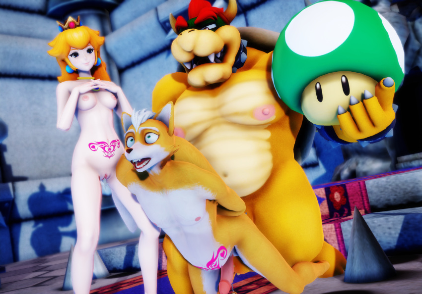 1-up_mushroom 3d_(artwork) abdominal_bulge anal anal_penetration anthro anthro_on_anthro anthro_penetrated anthro_penetrating anthro_penetrating_anthro balls bdsm belly blonde_hair blue_eyes bondage bound bowser breasts canid canine countershading digital_media_(artwork) erection female forced fox fox_mccloud fungus genitals group hair hi_res human interspecies koopa male male/male male_penetrating malicekira mammal mario_bros moobs musclegut muscular muscular_anthro muscular_male mushroom nintendo nipples nude overweight overweight_male penetration penile penis princess_peach pussy rape scalie sex size_difference spiked_balls spikes spikes_(anatomy) star_fox submissive tattoo trio video_games womb_tattoo