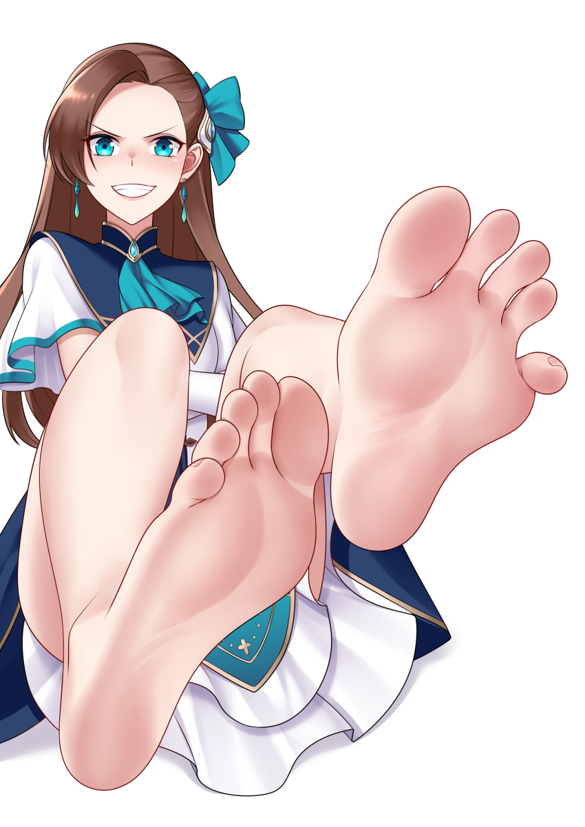 1girl absurdres barefoot blue_eyes brown_hair dress earrings feet foot_focus greek_toe grin hair_ornament hair_ribbon highres jewelry katarina_claes long_hair multicolored_clothes multicolored_dress oirin otome_game_no_hametsu_flag_shika_nai_akuyaku_reijou_ni_tensei_shite_shimatta ribbon simple_background sitting smile soles solo toes white_background