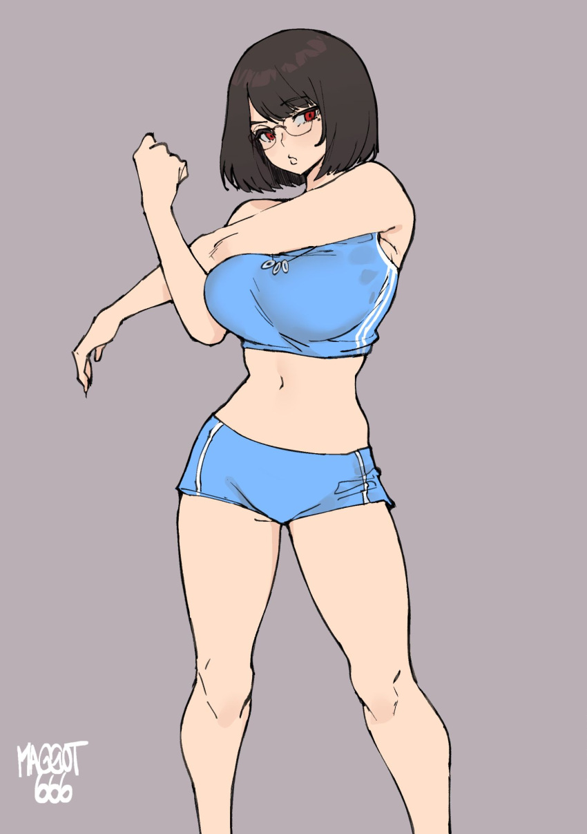 1girl artist_name bangs bare_arms bare_legs blue_bra blue_shorts bob_cut bra breast_suppress breasts brown_hair closed_mouth contrapposto desyana_laurentia feet_out_of_frame glasses highres jewelry knees large_breasts looking_to_the_side medium_hair midriff mole mole_under_eye navel necklace norman_maggot original red_eyes short_shorts shorts simple_background solo sports_bra sportswear stretching swept_bangs underwear