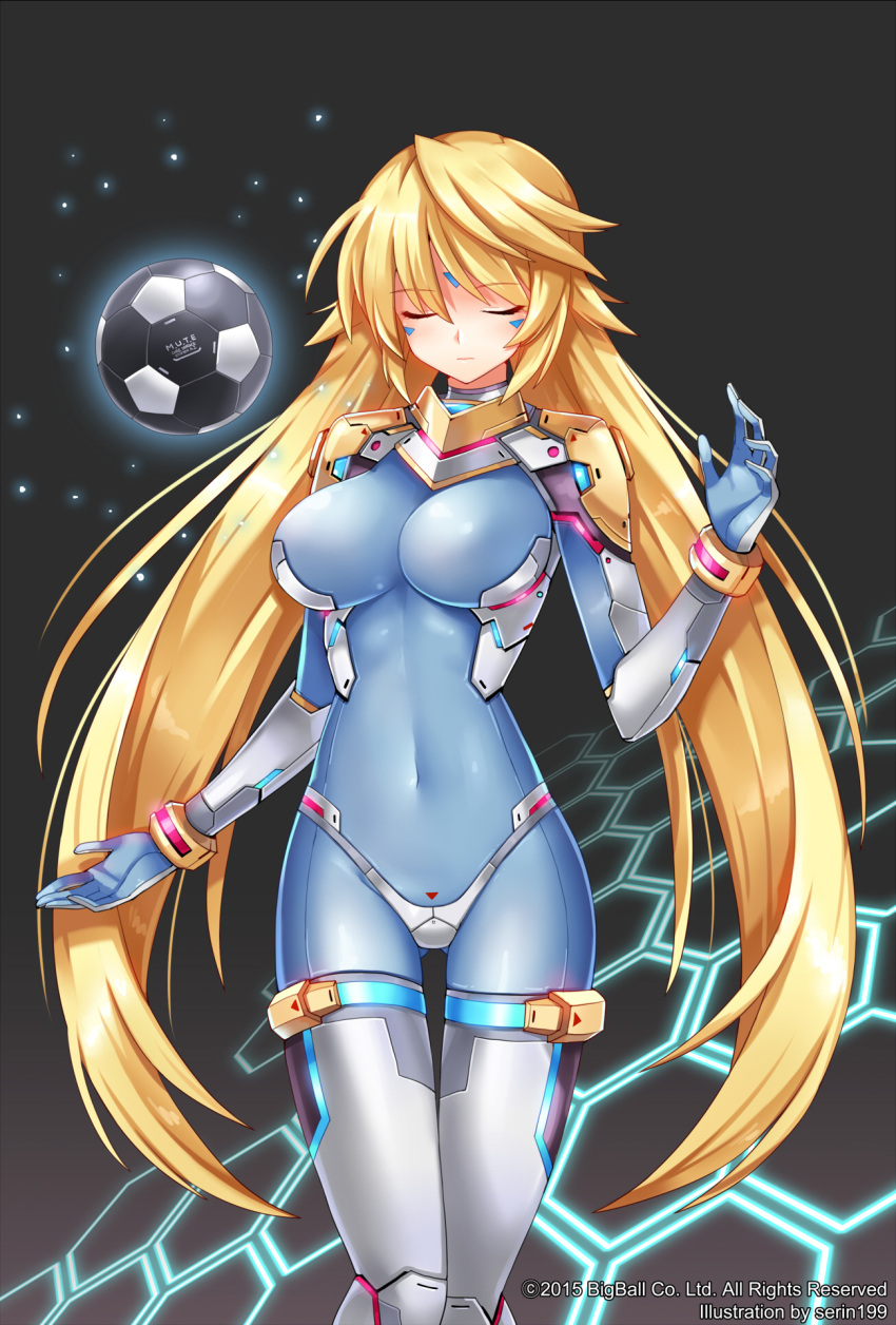 1girl ass_visible_through_thighs ball blonde_hair blue_bodysuit bodysuit closed_eyes closed_mouth covered_navel expressionless floating floating_object hexagon highres long_hair serin199 soccer_ball soccer_spirits solo thigh_gap thighhighs very_long_hair white_thighhighs