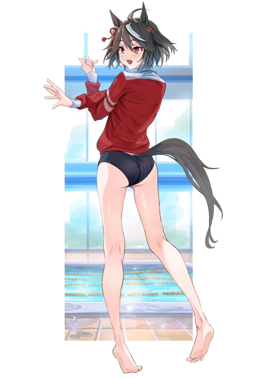 1girl ahoge animal_ears ass bangs bare_legs barefoot black_swimsuit blush competition_swimsuit from_behind full_body hair_ornament highres horse_ears horse_girl horse_tail indoors jacket kitasan_black_(umamusume) long_sleeves looking_back multicolored_hair naka1379 one-piece_swimsuit open_mouth pool red_eyes red_jacket short_hair smile solo streaked_hair stretching swimsuit swimsuit_under_clothes tail track_jacket umamusume