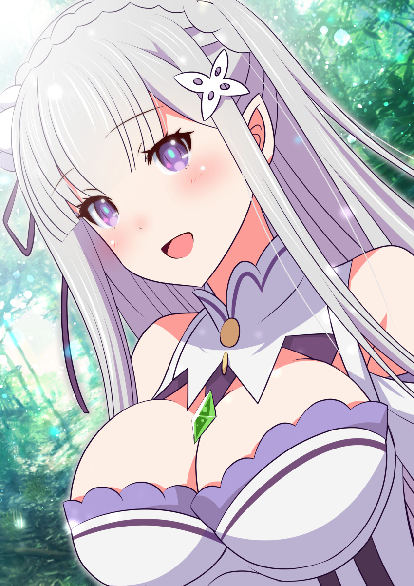 1girl :d absurdres ai_wa_muteki alternate_breast_size bangs blush breasts cleavage clothing_cutout day emilia_(re:zero) forest gem hair_ornament happy highres large_breasts long_hair looking_at_viewer nature pointy_ears purple_eyes re:zero_kara_hajimeru_isekai_seikatsu smile solo upper_body white_hair x_hair_ornament