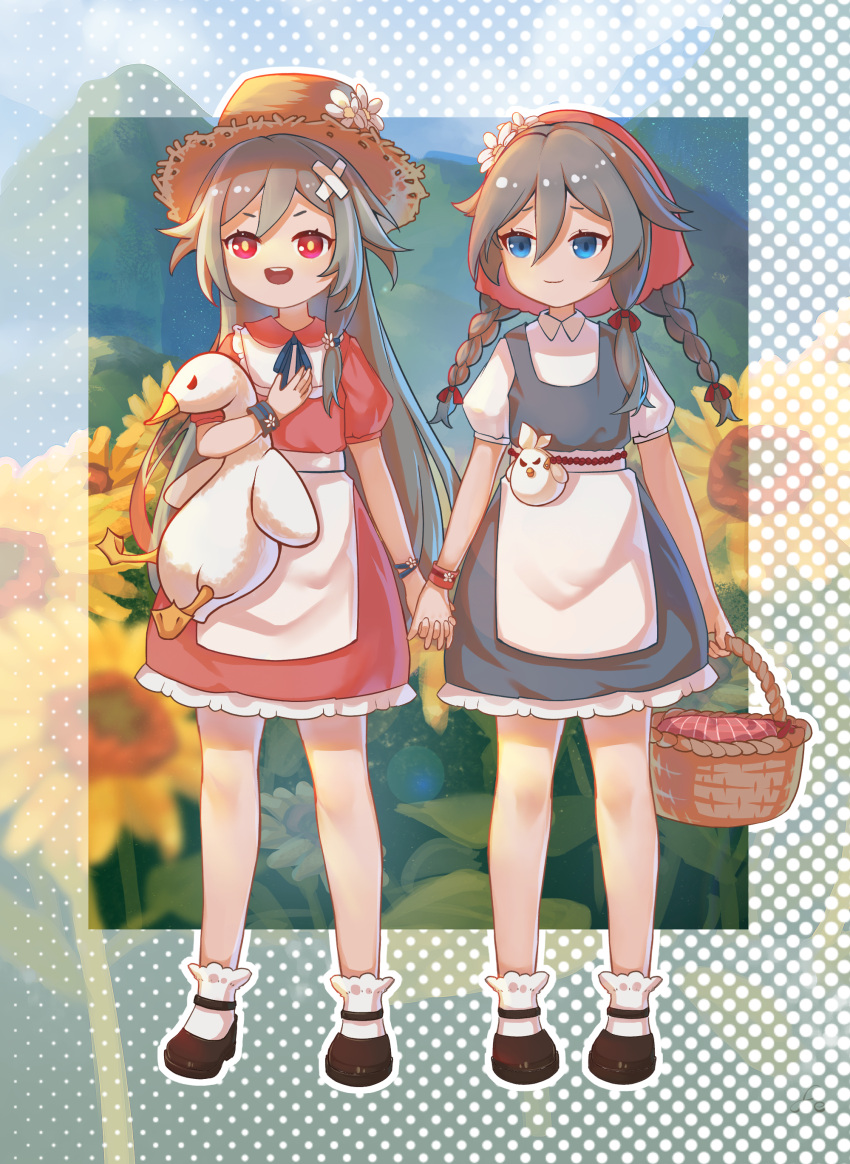2girls :d absurdres bangs basket black_dress black_footwear black_hair blue_eyes blue_sky bow braid closed_mouth cloud cloudy_sky doll dress dual_persona flower fu_hua fu_hua_(herrscher_of_sentience) hair_bow hat highres holding holding_basket holding_doll holding_hands honkai_(series) honkai_impact_3rd huangtielin357 long_hair multiple_girls open_mouth outdoors pink_dress red_eyes short_sleeves sky smile socks standing sun_hat sunflower twin_braids white_socks younger