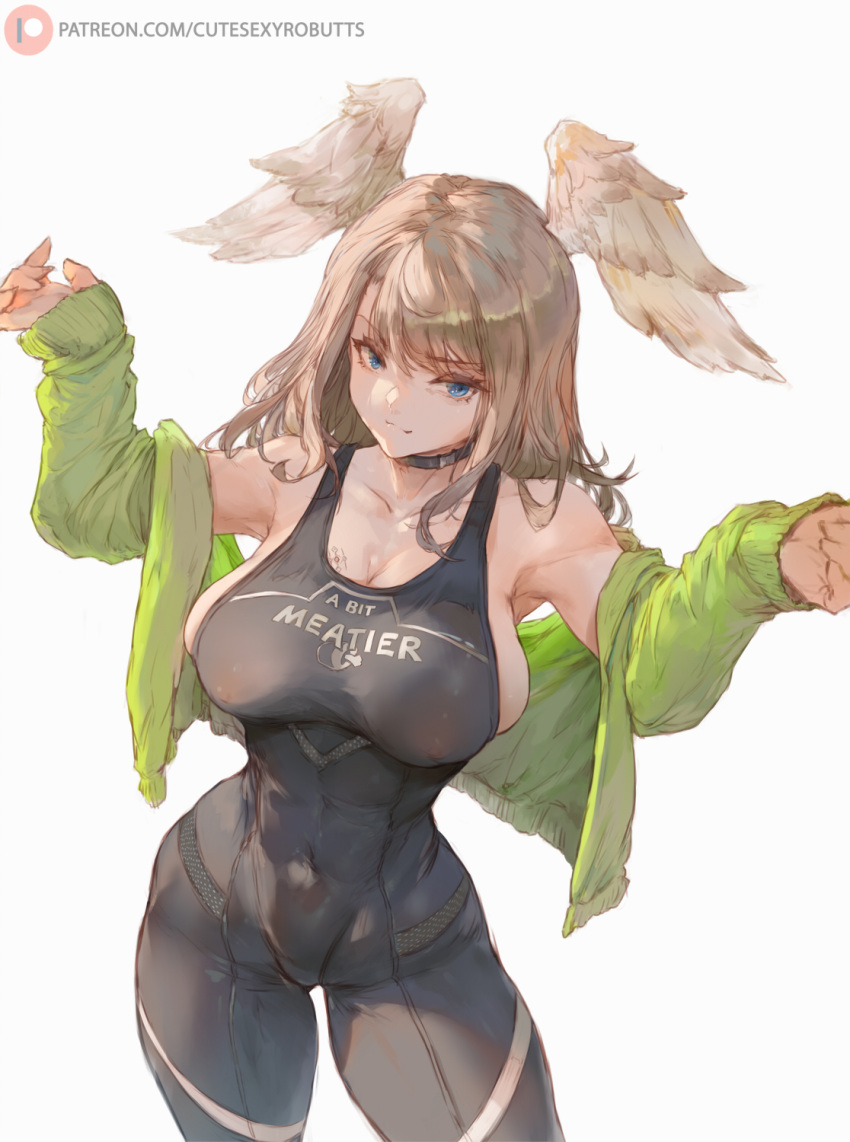 1girl bangs bare_shoulders black_bodysuit blue_eyes bodysuit breast_tattoo breasts choker cleavage collarbone covered_navel covered_nipples cutesexyrobutts eunie_(xenoblade) green_jacket head_wings highres jacket large_breasts light_brown_hair long_hair long_sleeves looking_at_viewer off_shoulder open_clothes open_jacket smile solo tattoo thighs white_wings wings xenoblade_chronicles_(series) xenoblade_chronicles_3