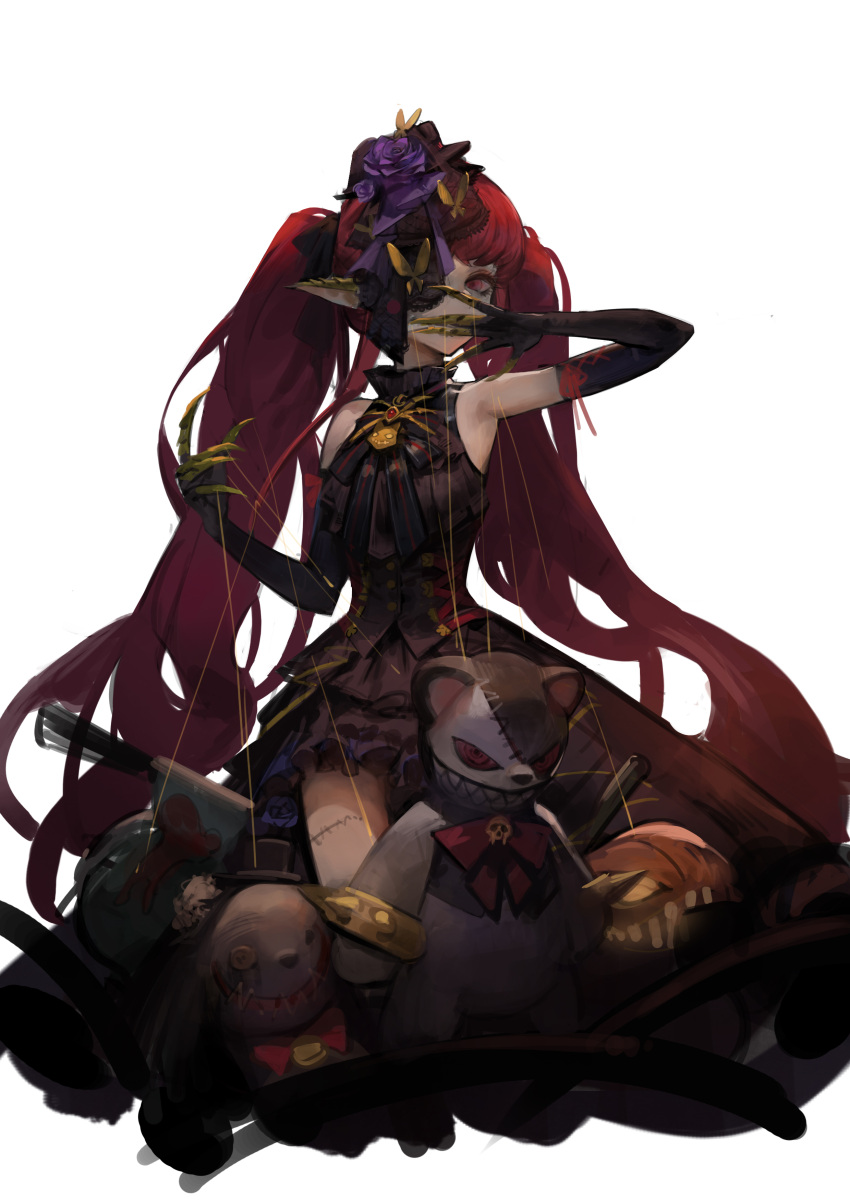 1girl absurdres black_dress covered_mouth dokshuri dress dungeon_and_fighter elbow_gloves enchantress_(dungeon_and_fighter) female_mage_(dungeon_and_fighter) flower gloves hair_flower hair_ornament highres mage_(dungeon_and_fighter) one_eye_covered pointy_ears red_eyes red_hair solo string stuffed_animal stuffed_toy thighhighs twintails upper_body white_background