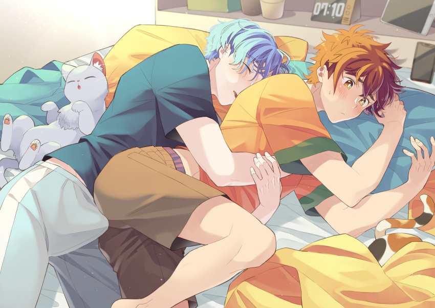 2boys bed blue_hair blue_shirt brown_pants brown_shorts bulge cat cellphone clock closed_eyes closed_mouth digital_clock erection erection_under_clothes hasegawa_langa highres kyan_reki male_focus male_underwear multiple_boys open_mouth orange_eyes orange_hair orange_shirt pants penis phone pillow shirt short_hair short_sleeves shorts sk8_the_infinity sleeping smartphone t-shirt testicles underwear uppi yaoi