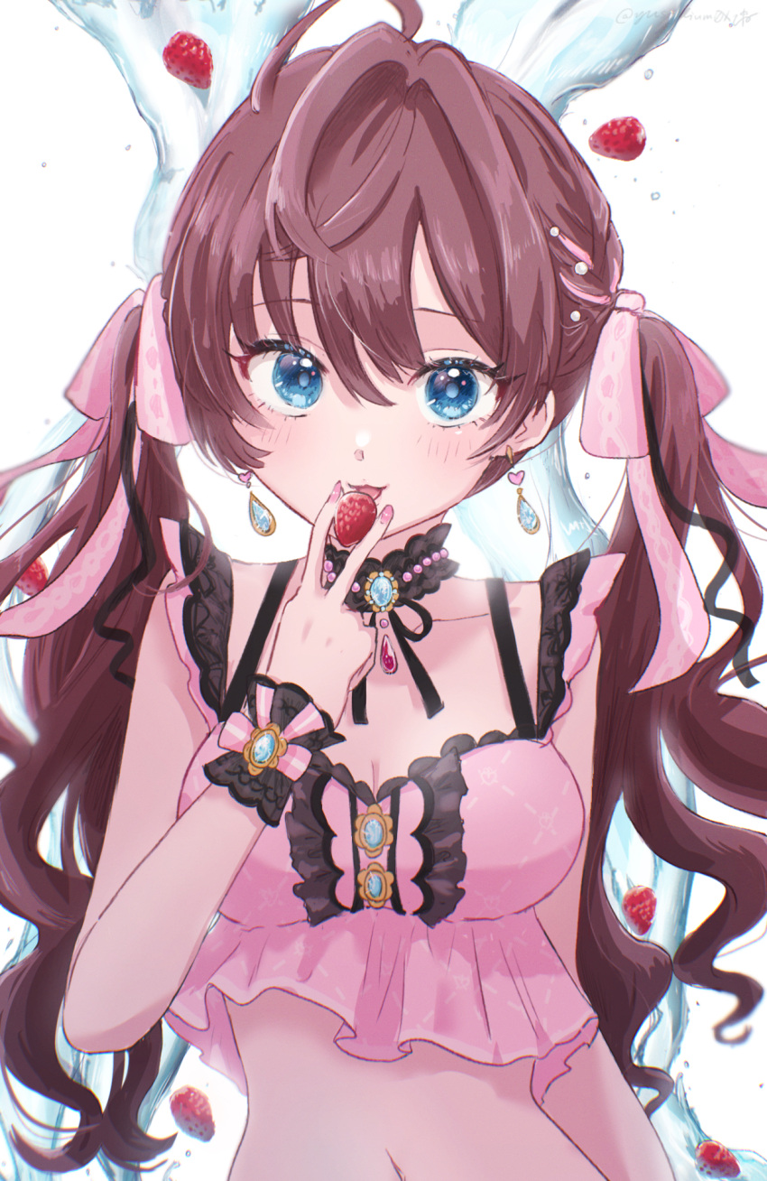 1girl :3 ahoge bare_shoulders blue_eyes breasts brooch center_frills cleavage collarbone crop_top food frills fruit hair_between_eyes highres ichinose_shiki idolmaster idolmaster_cinderella_girls idolmaster_cinderella_girls_starlight_stage jewelry long_hair looking_at_viewer medium_breasts navel open_mouth pearl_choker pine_(pineapple5459) purple_hair rakkopower ribbon simple_background smile solo strawberry twintails upper_body wavy_hair white_background