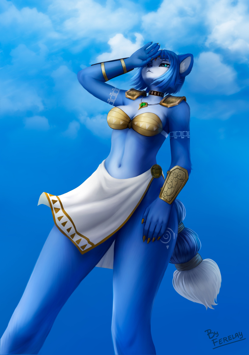 absurd_res accessory anthro blue_body blue_fur blue_hair bottomwear breasts canid canine clothing cloud day digital_media_(artwork) dipstick_tail female ferelay fox fur furgonomics hair hi_res inner_ear_fluff jewelry krystal loincloth mammal markings navel necklace nintendo shoulder_pads signature sky solo star_fox tail_accessory tail_markings tailband tribal tribal_markings tuft video_games white_body white_fur