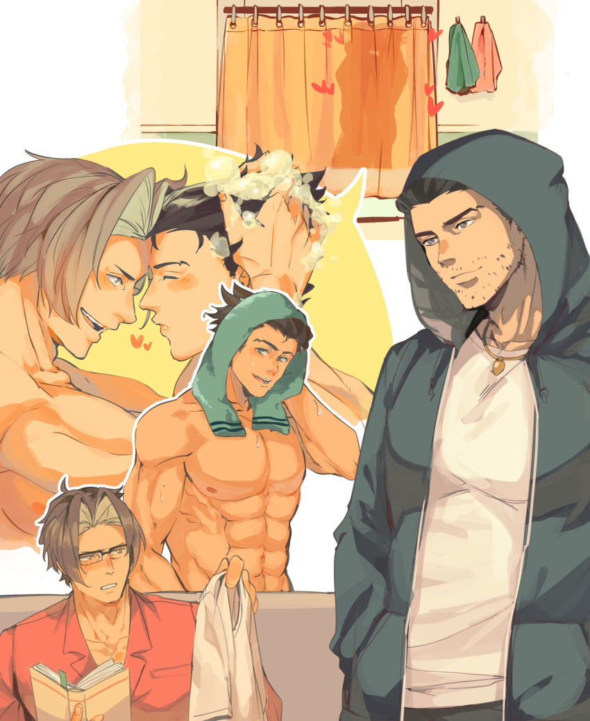 2boys absurdres ace_attorney bara bath bathroom black_hair book brown_hair bubble closed_eyes collared_shirt couple curtains facial_hair glasses hand_in_pocket heart highres hood hooded_jacket jacket jewelry kiss looking_at_another lop5633 male_focus manly mature_male messy_hair miles_edgeworth multiple_boys muscular muscular_male necklace phoenix_wright phoenix_wright:_ace_attorney reading shampoo shirt short_hair smile spiked_hair stubble t-shirt teeth topless_male towel towel_on_head yaoi