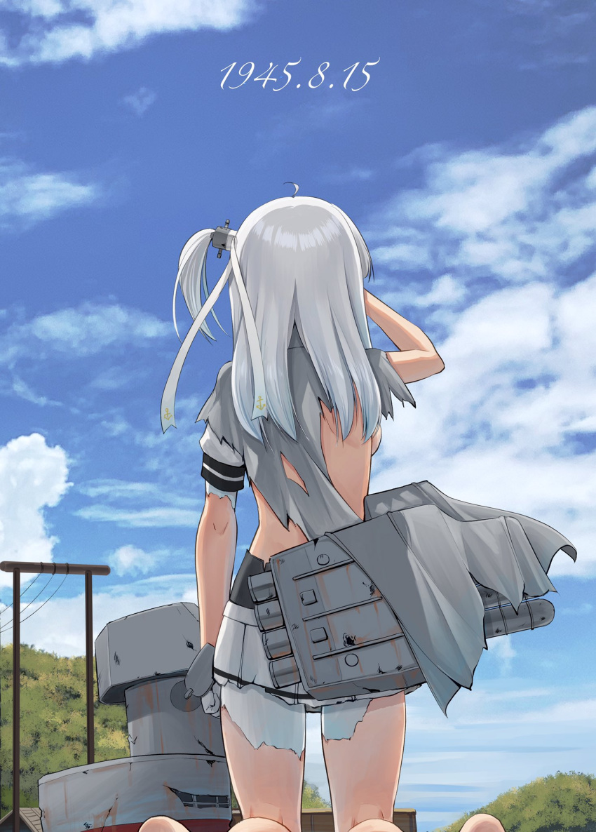 1girl barefoot bodysuit cape chou-10cm-hou-chan_(suzutsuki's) commentary dated from_behind grey_cape highres ichikawa_feesu kantai_collection long_hair miniskirt one_side_up pleated_skirt shirt skirt solo suzutsuki_(kancolle) torn_bodysuit torn_cape torn_clothes torn_shirt torn_skirt white_skirt