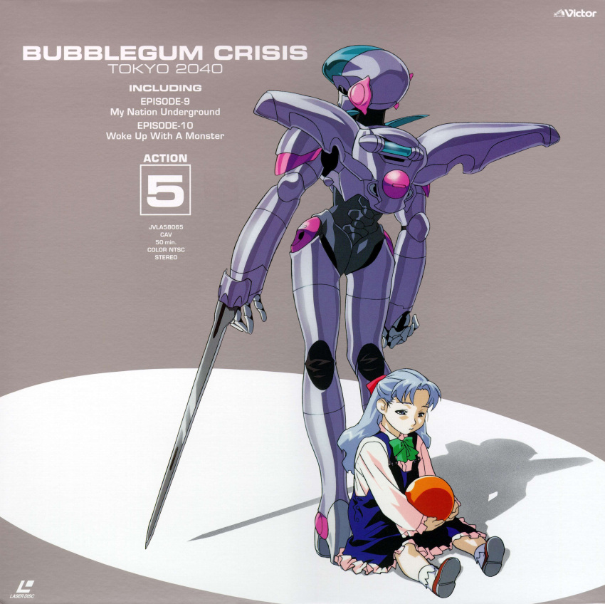 1990s_(style) 2girls absurdres back-to-back ball blade bubblegum_crisis_2040 child company_name copyright_name dress hardsuit highres holding holding_ball laserdisc_cover light_blue_hair logo long_hair multiple_girls non-web_source official_art power_armor retro_artstyle scan sitting standing sylia_stingray