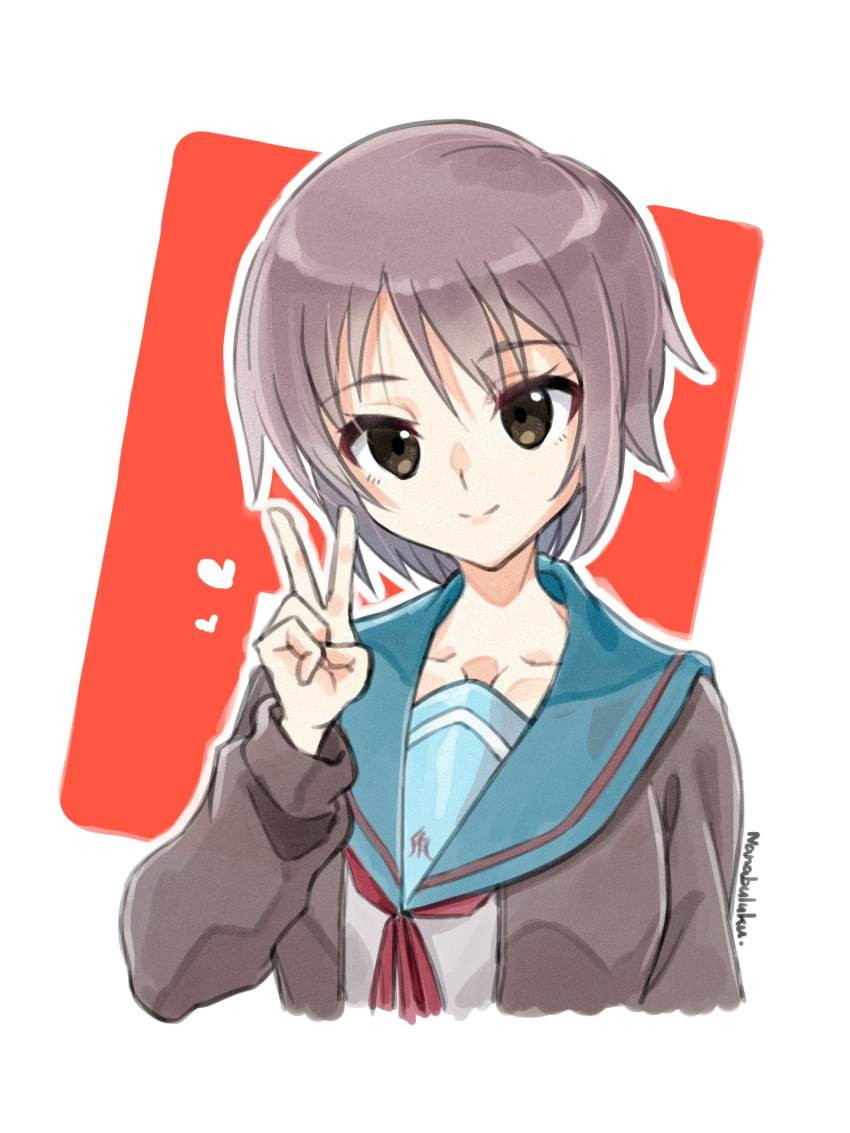 1girl artist_name blue_sailor_collar brown_cardigan brown_eyes brown_shirt cardigan hand_up head_tilt heart highres kita_high_school_uniform long_sleeves looking_at_viewer nagato_yuki nanabuluku neck_ribbon open_cardigan open_clothes purple_hair red_ribbon ribbon sailor_collar school_uniform serafuku shirt short_hair signature smile solo suzumiya_haruhi_no_yuuutsu upper_body v watermark