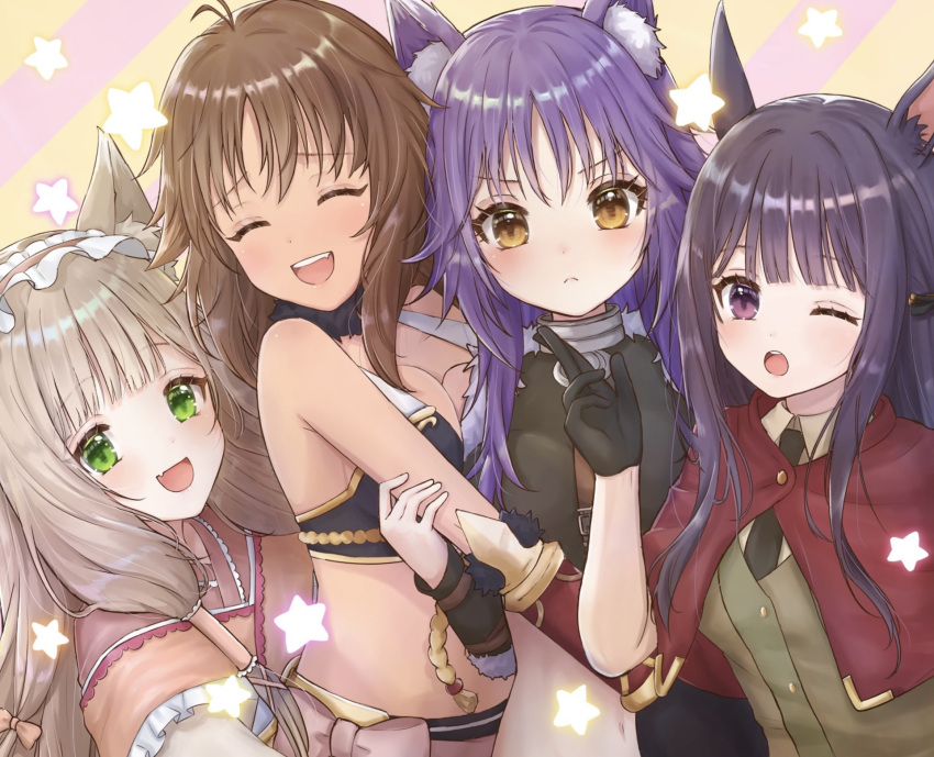 4girls :d ;o ^_^ animal_ear_fluff animal_ears black_gloves black_hair black_necktie breast_press breasts brown_eyes brown_hair brown_vest capelet cat_ears cleavage closed_eyes collared_shirt eyelashes fang gloves green_eyes grey_hair highres hug kaori_(princess_connect!) kasumi_(princess_connect!) long_hair looking_at_viewer maho_(princess_connect!) maid_headdress makoto_(princess_connect!) medium_breasts midriff multiple_girls navel necktie one_eye_closed princess_connect! purple_hair red_capelet red_eyes shiny shiny_hair shinzousan shirt skin_fang smile stomach very_long_hair vest white_shirt wing_collar