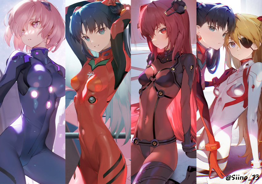 4girls adapted_costume alternate_costume bangs bident black_bodysuit black_hair blue_eyes bodysuit breasts closed_mouth cosplay covered_navel crossover earrings eva_02 evangelion:_2.0_you_can_(not)_advance evangelion:_3.0+1.0_thrice_upon_a_time fate/grand_order fate/stay_night fate_(series) floating_hair foot_out_of_frame full_body grin hair_between_eyes hair_over_one_eye hairpods hairstyle_connection hand_on_another's_shoulder head_tilt highres holding holding_shield impossible_bodysuit impossible_clothes interface_headset jewelry lance_of_longinus leaning_forward light_brown_hair lily_servant long_hair look-alike looking_at_viewer looking_away looking_to_the_side lord_camelot_(fate) mash_kyrielight mecha medium_breasts multicolored_bodysuit multicolored_clothes multiple_girls neon_genesis_evangelion one_knee open_mouth parted_bangs parted_lips pilot_suit pink_eyes pink_hair plugsuit purple_bodysuit purple_hair rebuild_of_evangelion red_bodysuit red_eyes robot scathach_(fate) shield short_hair siino simple_background sitting skin_tight small_breasts smile souryuu_asuka_langley souryuu_asuka_langley_(cosplay) teeth test_plugsuit thighs tight tohsaka_rin trait_connection twintails twitter_username two_side_up tying_hair wariza white_bodysuit younger