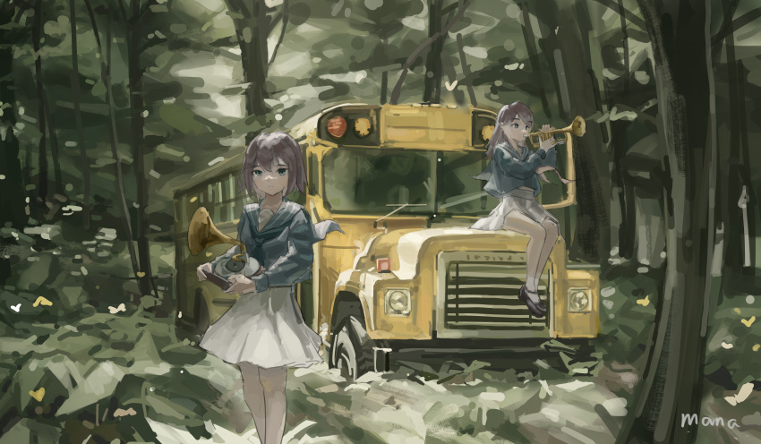 2girls absurdres artist_name bus commentary_request green_sailor_collar green_serafuku ground_vehicle highres holding holding_instrument instrument long_hair long_sleeves motor_vehicle multiple_girls music on_vehicle original playing_instrument purple_hair sailor_collar scenery school_bus school_uniform serafuku sitting skirt trancemana trumpet watermark white_skirt