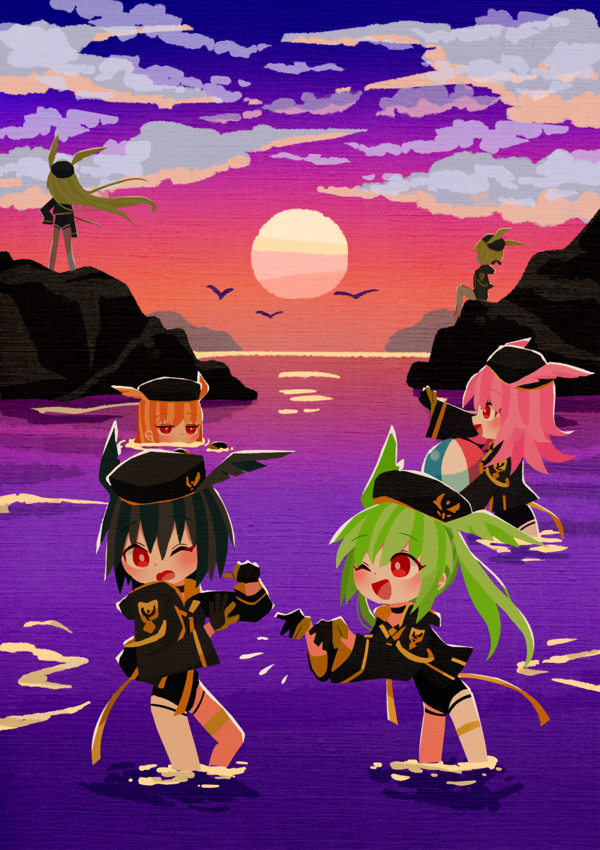 6+girls absurdres bird black_gloves black_hair black_headwear black_jacket black_swimsuit blonde_hair blush brown_hair chibi cloud commentary_request fate/grand_order fate_(series) floating_hair geirskogul_(fate) gloves green_hair hat head_wings highres hildr_(fate) hildr_(swimsuit_assassin)_(fate) jacket long_hair looking_at_another looking_away medium_hair multiple_girls ocean olrun_(fate) one_eye_closed open_mouth ortlinde_(fate) ortlinde_(swimsuit_assassin)_(fate) outdoors partially_submerged pink_hair red_eyes rindr_(fate) short_hair siblings sisters sky smile sunset swimsuit thrud_(fate) thrud_(swimsuit_assassin)_(fate) twintails valkyrie_(fate) waniyama1993 water