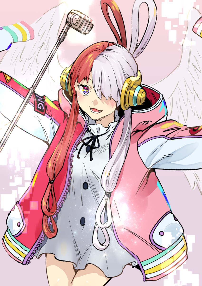 1girl :d akechi_shizuku blush commentary_request dress feathered_wings grey_hair hair_over_one_eye hair_rings highres hood hood_down hooded_jacket jacket long_hair long_sleeves looking_at_viewer microphone microphone_stand multicolored_hair one_piece open_clothes open_jacket outstretched_arms pink_jacket purple_eyes red_hair red_jacket smile solo spread_arms two-tone_hair uta_(one_piece) very_long_hair white_dress white_wings wings