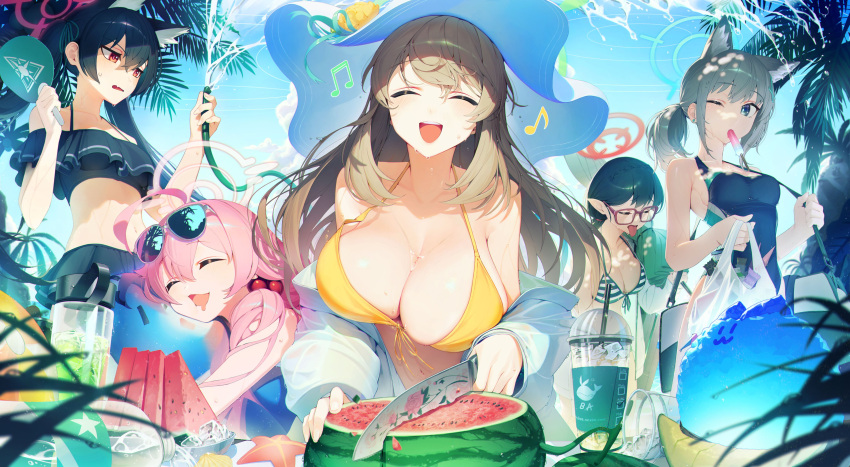 5girls :d absurdres ahoge animal_ear_fluff animal_ears ayane_(blue_archive) ayane_(swimsuit)_(blue_archive) bag bangs bikini black_bikini black_hair blue_archive blue_sky blue_swimsuit blush breasts cleavage closed_eyes crossed_bangs cup day disposable_cup drinking_straw drooling earrings extra_ears eyewear_on_head front-tie_top glasses hair_between_eyes hair_bobbles hair_ornament hair_ribbon halo halterneck hand_fan highres holding holding_bag holding_fan holding_hose holding_knife holding_strap hose hoshino_(blue_archive) hoshino_(swimsuit)_(blue_archive) jacket jewelry knife large_breasts light_brown_hair long_hair long_sleeves medium_breasts mincho mouth_drool multiple_girls musical_note navel nonomi_(blue_archive) nonomi_(swimsuit)_(blue_archive) off-shoulder_bikini off_shoulder one-piece_swimsuit one_eye_closed open_clothes open_jacket palm_tree pink_hair pointy_ears ponytail popsicle_in_mouth red_eyes ribbon serika_(blue_archive) serika_(swimsuit)_(blue_archive) shiroko_(blue_archive) shiroko_(swimsuit)_(blue_archive) shoulder_bag sky smile striped striped_bikini sunglasses swimsuit tongue tongue_out tree twintails water watermelon_slice white_jacket yellow_bikini