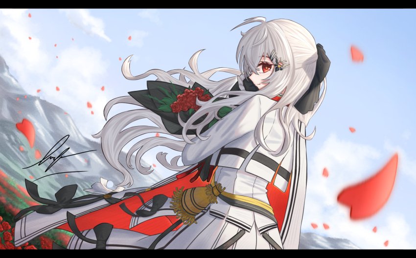 1girl artist_name bangs black_ribbon blue_sky blush bouquet cape field flower flower_field from_behind girls'_frontline grey_hair hair_ornament hair_ribbon hairclip highres holding holding_bouquet holding_flower iws_2000_(girls'_frontline) jacket long_hair looking_at_viewer mountainous_horizon petals red_eyes red_flower red_rose ribbon rose skirt sky smile solo standing uniform unitaka white_cape white_jacket white_skirt