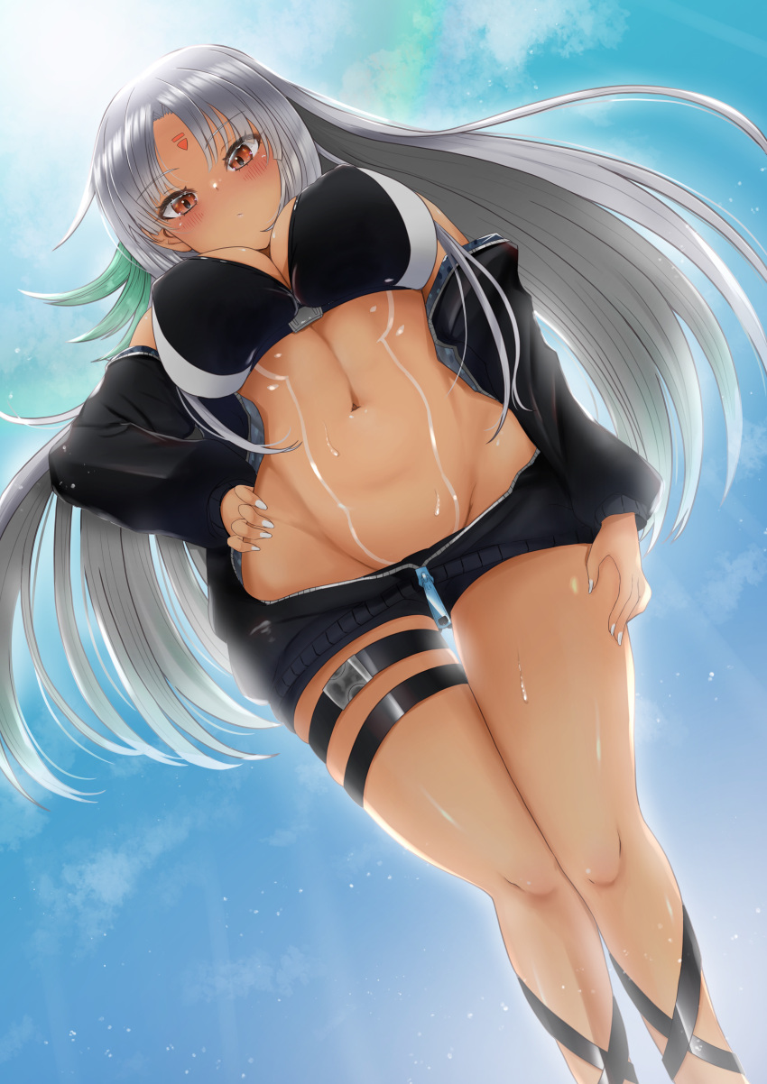 1girl absurdres azur_lane bikini bikini_under_clothes blush breasts dutch_angle eesuke_(shin1athke) expressionless facial_mark forehead_mark from_below grey_hair hand_on_hip highres jacket large_breasts long_hair massachusetts_(azur_lane) navel open_clothes open_jacket red_eyes sky solo stomach sweat swimsuit tan tattoo thigh_strap track_jacket unzipped very_long_hair
