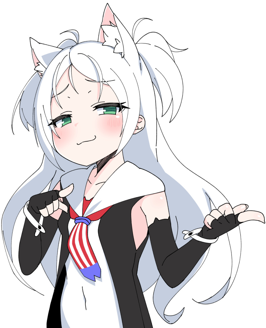 1girl american_flag american_flag_print animal_ear_fluff animal_ears azur_lane black_dress black_gloves blush cat_ears closed_mouth collarbone commentary_request covered_navel dress elbow_gloves fingerless_gloves flag_print gloves green_eyes hands_up highres kirisame_mia long_hair sims_(azur_lane) sleeveless sleeveless_dress smile solo two_side_up upper_body very_long_hair white_hair