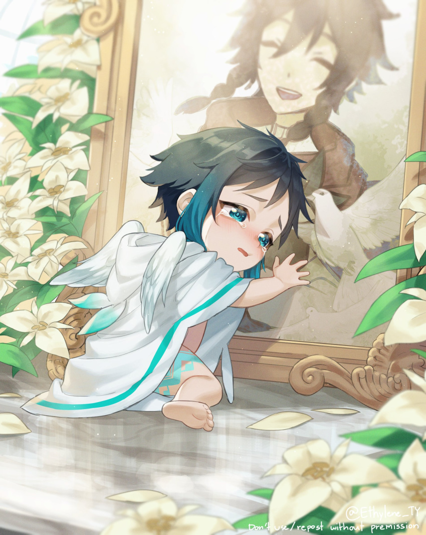 2boys bangs barefoot bird black_hair blue_eyes blue_hair braid closed_eyes commentary crying dove english_commentary ethylene_ty feathered_wings flower genshin_impact highres hood hoodie leg_tattoo male_child male_focus multiple_boys nameless_bard_(genshin_impact) petals short_hair_with_long_locks smile tattoo twin_braids venti_(genshin_impact) white_flower white_hoodie white_wings wings younger