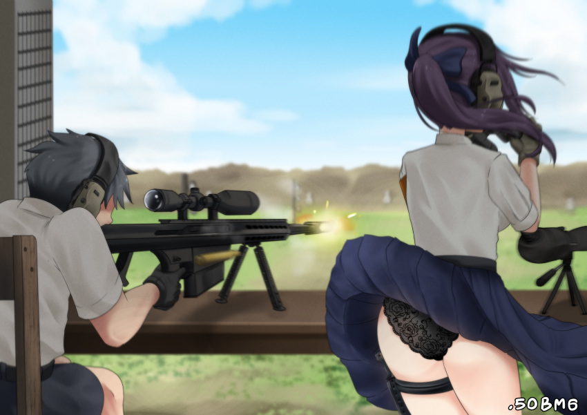 1boy 1girl 50bmg absurdres artist_name ass bipod black_bow black_gloves black_headband black_panties black_shorts blue_skirt bow brown_gloves casing_ejection earmuffs firing gloves gun hair_bow headband highres holster lace lace_panties muzzle_brake muzzle_flash original panties ponytail purple_hair scope shell_casing shirt shooting_range shorts skirt spotting_scope thigh_holster thighs tripod underwear weapon weapon_request white_shirt wind wind_lift wooden_chair