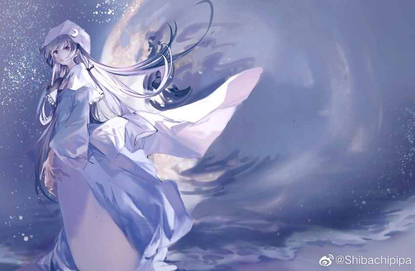 1girl :o adapted_costume capelet chinese_commentary commentary crescent crescent_hat_ornament dress floating_hair from_side full_body full_moon hat hat_ornament highres koumajou_densetsu long_hair long_sleeves looking_at_viewer looking_to_the_side moon open_mouth patchouli_knowledge purple_dress purple_eyes purple_hair purple_headwear shibachipipa solo touhou very_long_hair water weibo_logo weibo_username white_capelet wide_sleeves