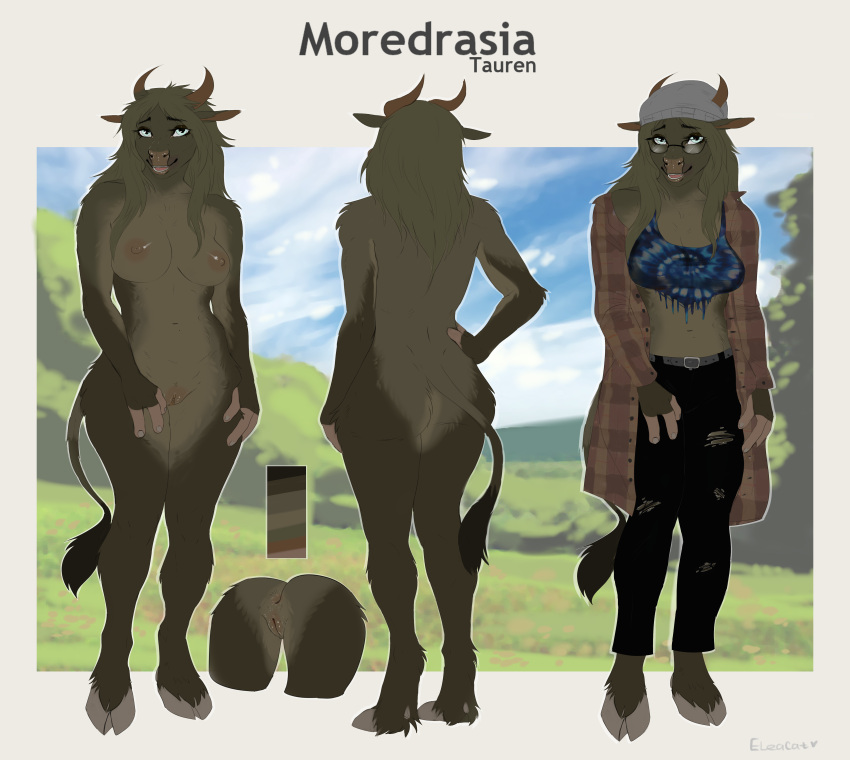 absurd_res anthro blizzard_entertainment bovid bovine breasts butt clothing eleacat eyewear female forest forest_background genitals glasses hair hi_res hipster horn mammal moredrasia nature nature_background nipples nude plant pussy simple_background smile solo tauren tree video_games warcraft