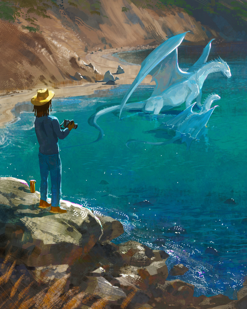 2021 ambiguous_gender blue_body blue_clothing blue_scales bottomwear camera clothed clothing detailed_background dragon feral footwear group hair hat headgear headwear hi_res holding_camera holding_object human mammal observing outside partially_submerged scales shoes tamberella topwear