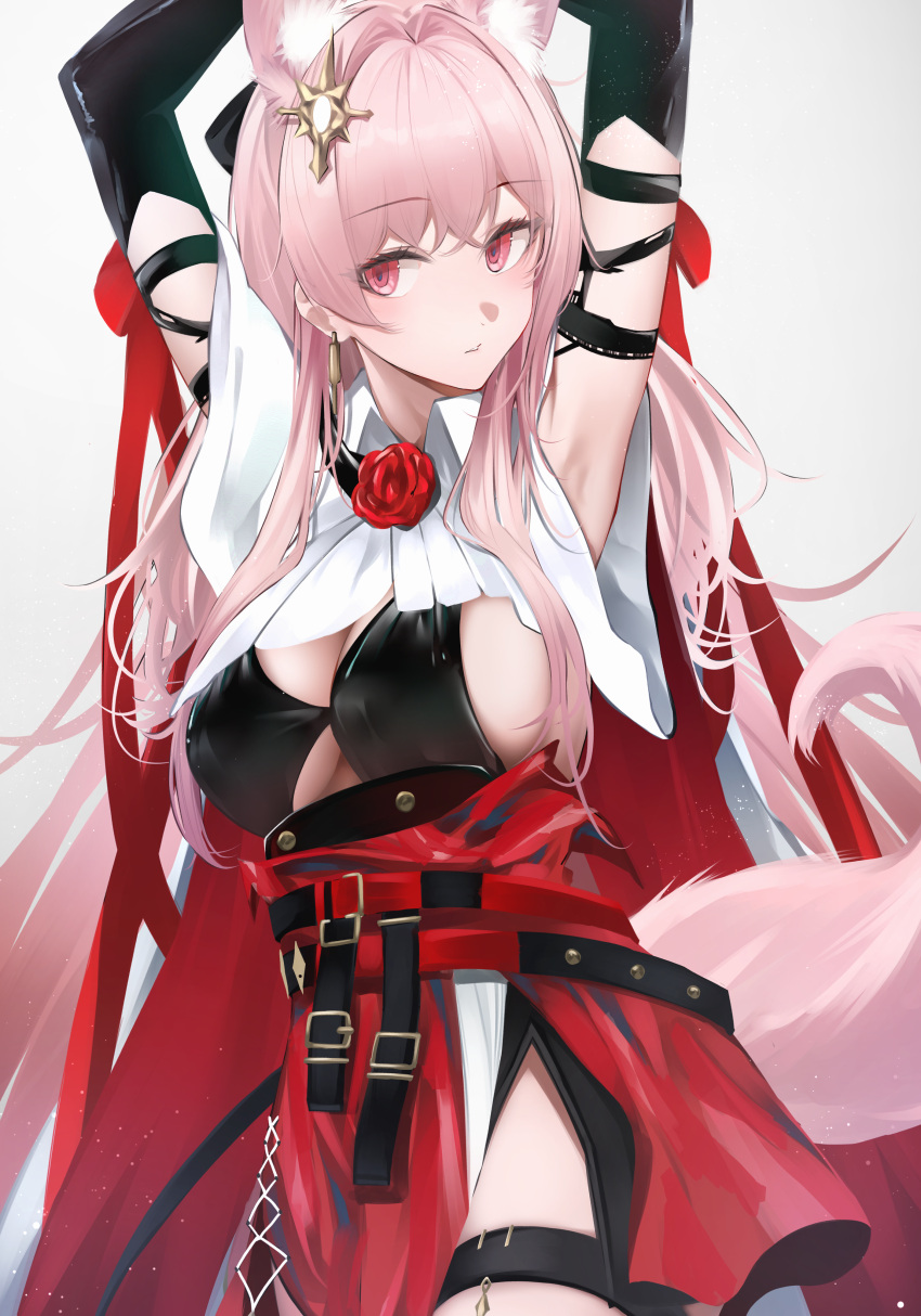 1girl absurdres animal_ear_fluff animal_ears arknights armpits arms_up belt bikini black_bikini black_gloves breasts cowboy_shot elbow_gloves extra_ears flower gloves hair_intakes hair_ornament heimu_(heim_kstr) high-waist_skirt highres large_breasts long_hair looking_at_viewer parted_lips pelvic_curtain pink_hair pozyomka_(arknights) red_eyes red_flower red_rose red_skirt rose sideboob simple_background sketch skirt smile solo swimsuit thigh_strap very_long_hair white_background wolf_ears wolf_girl