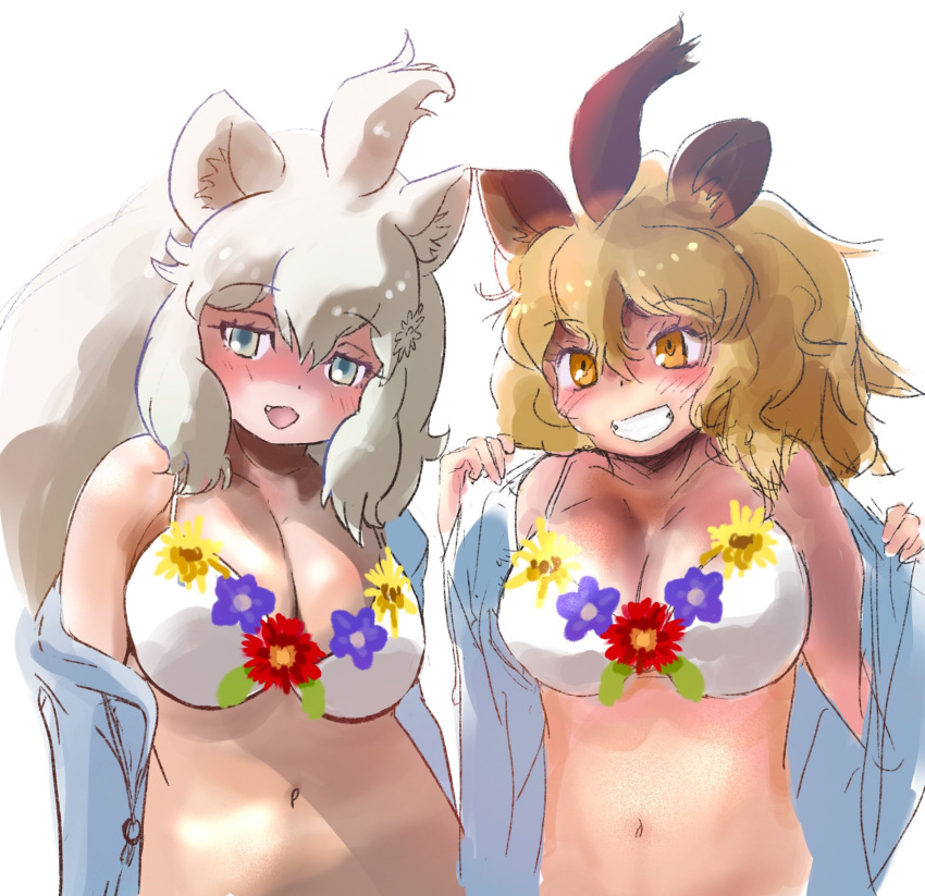 2girls animal_ears bare_shoulders big_hair bikini blue_eyes blue_jacket blush commentary_request fang flower highres ieinu_account jacket kemono_friends kemono_friends_3 lion_(kemono_friends) lion_ears lion_girl long_hair matching_outfit midriff multiple_girls navel official_alternate_costume open_clothes open_jacket open_mouth removing_jacket smile spaghetti_strap swimsuit teeth white_bikini white_lion_(kemono_friends) yellow_eyes