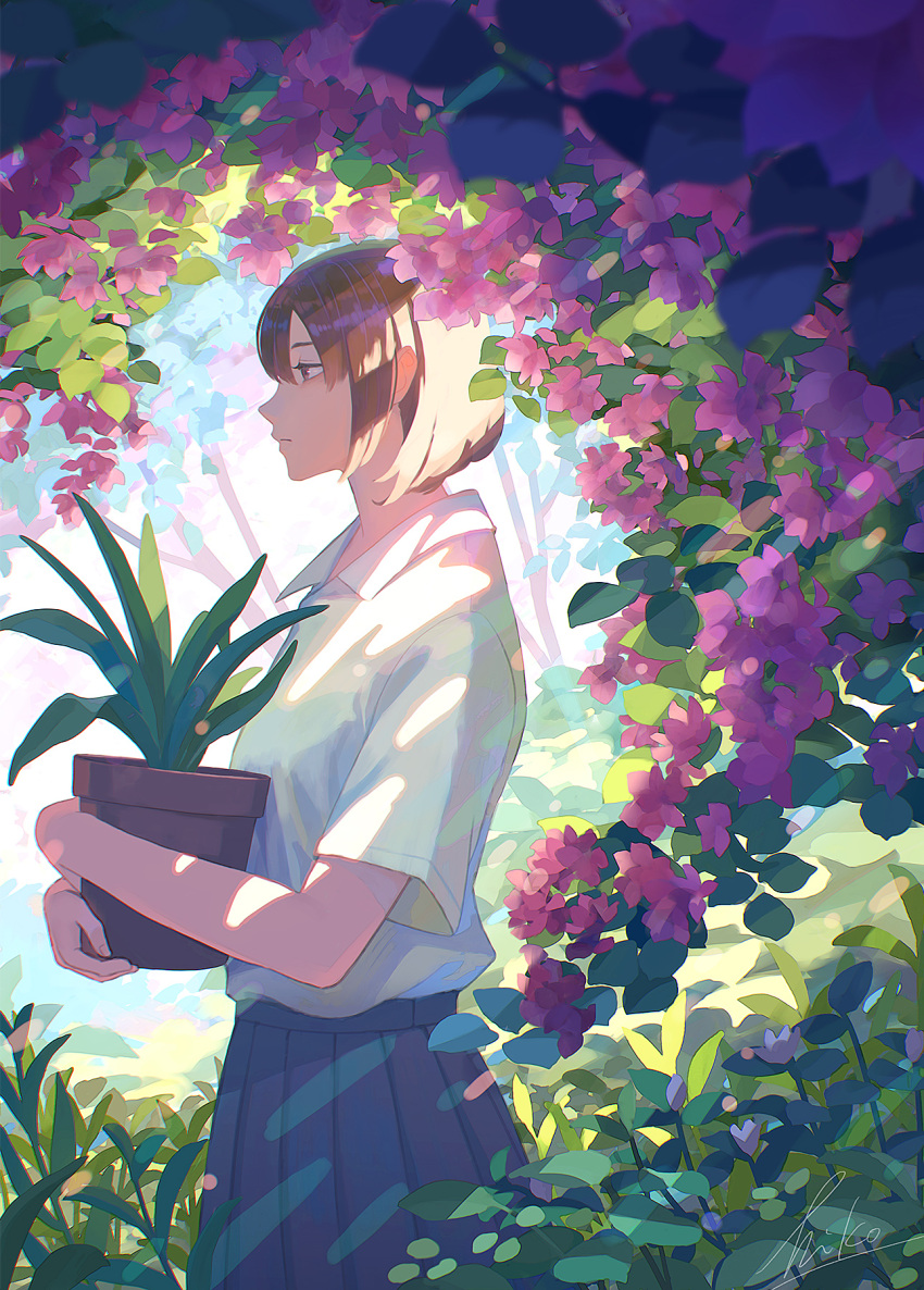 1girl bangs blue_skirt brown_eyes brown_hair closed_mouth commentary english_commentary flower from_side highres hiko_(scape) holding holding_flower_pot nature original plant pleated_skirt potted_plant school_uniform shirt short_hair short_sleeves skirt solo white_shirt