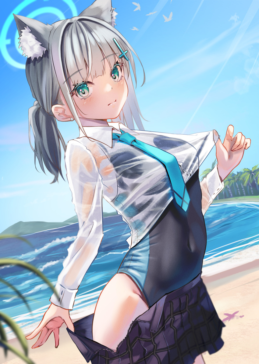 1girl animal_ear_fluff animal_ears bangs beach blue_archive blue_eyes blue_necktie blue_sky blue_swimsuit blush closed_mouth clothes_lift clothes_pull collared_shirt covered_navel cross_hair_ornament day earrings extra_ears grey_hair hair_ornament halo highres jewelry lifted_by_self long_hair long_sleeves nanashi_(74_nanashi) necktie one-piece_swimsuit outdoors palm_tree plaid plaid_skirt ponytail pulled_by_self purple_skirt see-through shiroko_(blue_archive) shiroko_(swimsuit)_(blue_archive) shirt shirt_lift skirt skirt_pull sky solo swimsuit swimsuit_under_clothes tree white_shirt