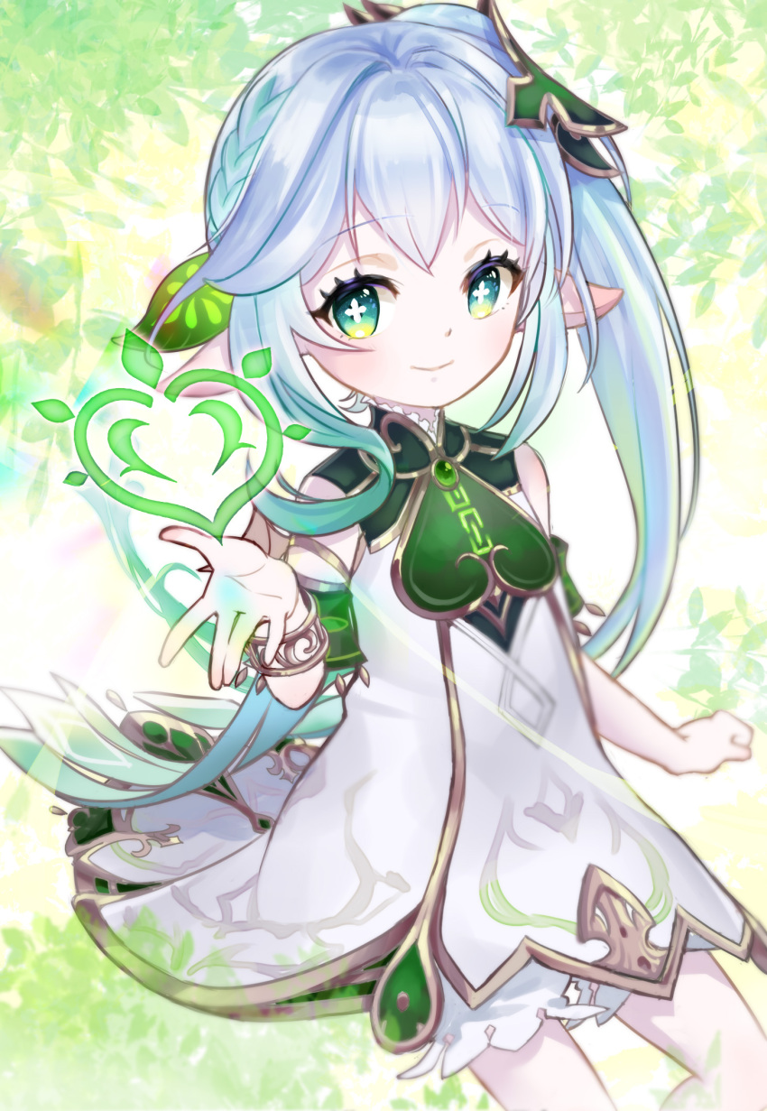1girl bangs bloomers bracelet cape chitose_yuki commentary cross-shaped_pupils detached_sleeves dress female_child genshin_impact gradient_hair green_cape green_eyes green_hair green_sleeves hair_ornament highres jewelry leaf_hair_ornament long_hair multicolored_hair nahida_(genshin_impact) pointy_ears side_ponytail smile solo underwear white_bloomers white_dress white_hair