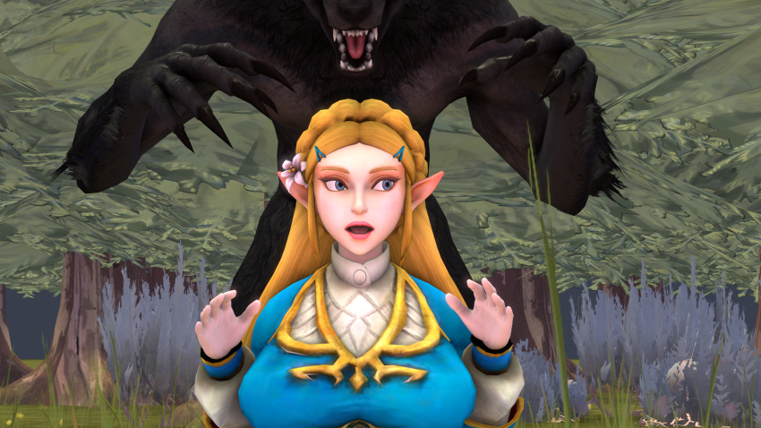 3d_(artwork) anthro big_breasts breasts breath_of_the_wild canid canine clothed clothing digital_media_(artwork) duo female hi_res humanoid hylian imminent_rape male mammal nintendo princess_zelda skippyarts source_filmmaker the_legend_of_zelda video_games were werecanid werecanine werewolf