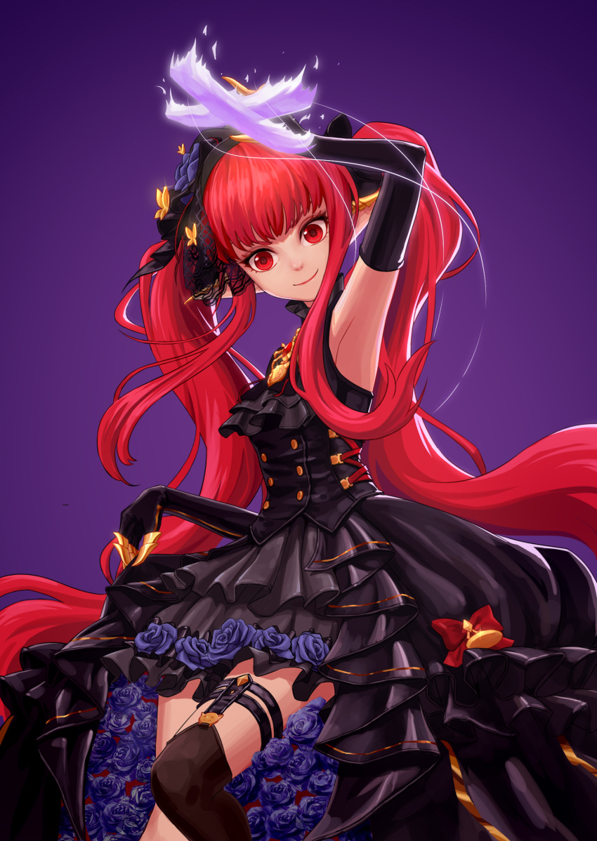 1girl armpits asymmetrical_legwear dungeon_and_fighter elbow_gloves enchantress_(dungeon_and_fighter) flower gloves gothic_lolita hat highres j_ang lolita_fashion mage_(dungeon_and_fighter) pointy_ears purple_flower purple_rose red_eyes red_hair rose smile solo string twintails upper_body
