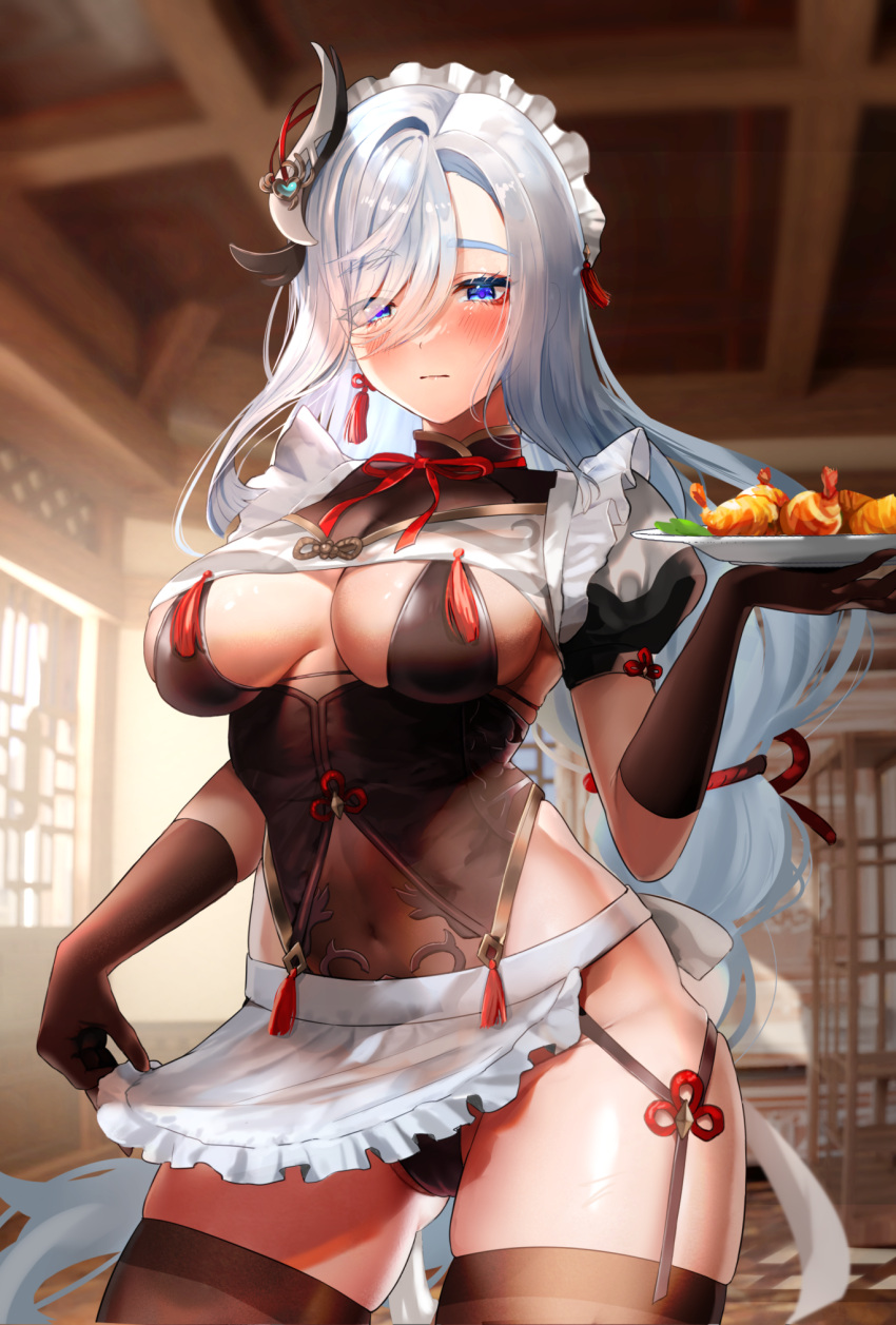 1girl alternate_costume apron apron_lift ass_visible_through_thighs bangs black_gloves black_leotard black_thighhighs blue_eyes blush braid braided_ponytail breasts closed_mouth covered_navel earrings enmaided eyes_visible_through_hair food frills genshin_impact gloves hair_ornament hair_over_one_eye highres holding holding_food holding_plate hominamia indoors jewelry large_breasts leotard lifted_by_self long_hair looking_at_viewer maid maid_headdress neck_ribbon no_pants plate red_ribbon ribbon shenhe_(genshin_impact) shrimp single_earring skindentation solo tassel tassel_earrings thighhighs thighs very_long_hair white_hair