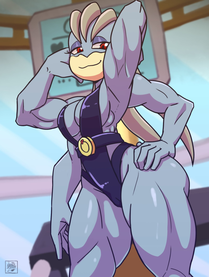 2022 breasts deathzera female fingers half-closed_eyes hi_res humanoid machamp multi_arm multi_limb narrowed_eyes nintendo not_furry pok&eacute;mon pok&eacute;mon_(species) red_eyes signature smile solo video_games