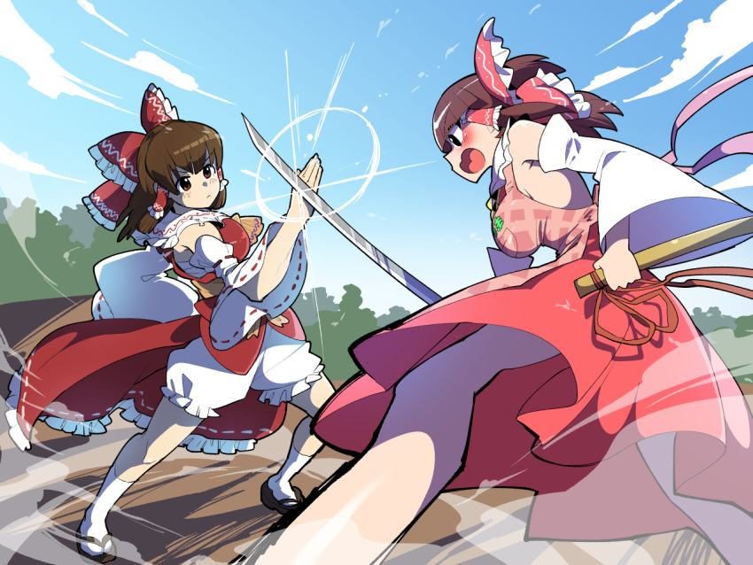 2girls ascot bangs blocking bow brown_eyes brown_hair collared_shirt cookie_(touhou) detached_sleeves dress fighting frilled_bow frilled_hair_tubes frilled_shirt_collar frills hair_bow hair_tubes hakurei_reimu holding holding_weapon kanna_(cookie) long_sleeves multiple_girls red_bow red_dress red_shirt rurima_(cookie) shirt sleeveless sleeveless_dress sleeveless_shirt sword syowahoka third-party_source touhou weapon white_sleeves wide_sleeves yellow_ascot