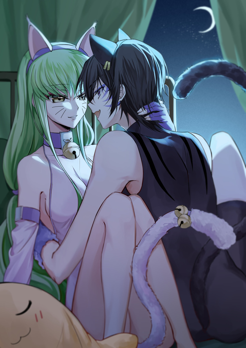 1boy 1girl :d absurdres animal_ears bell black_bodysuit black_hair black_hairband blue_eyes blue_hairband bodysuit breasts breasts_apart c.c. cat_ears cat_tail cheese-kun code_geass couple crescent_moon detached_sleeves eye_contact facial_mark fake_animal_ears fingerless_gloves gloves green_hair grin hairband hetero highres lelouch_lamperouge long_hair looking_at_another medium_breasts moon okuseric profile purple_gloves short_hair sideboob smile tail tail_bell tail_ornament very_long_hair white_sleeves yellow_eyes
